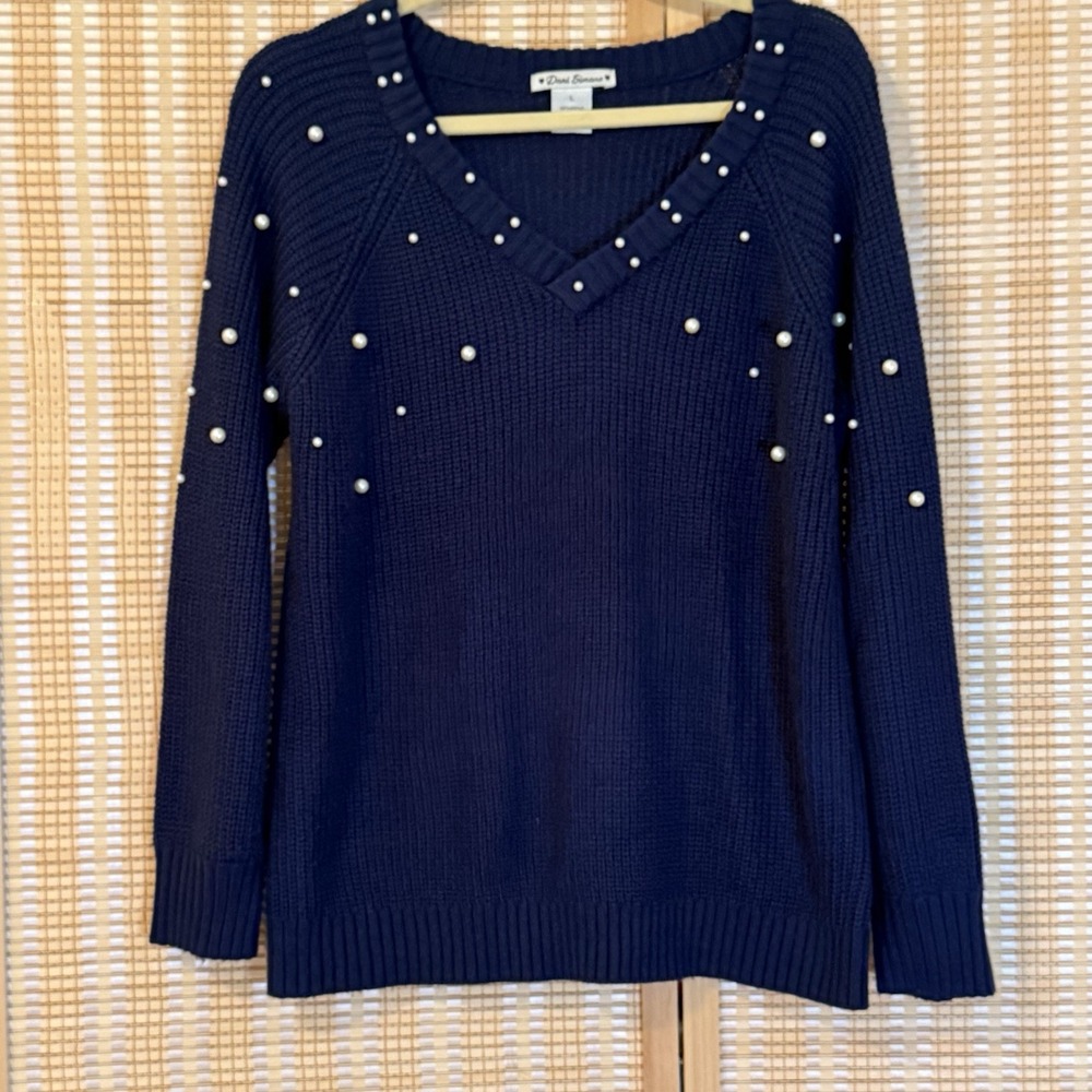 Dani Simone‎ Womens L Sweater Faux Pearl Cable Knit Navy Party Office Career Y2K
